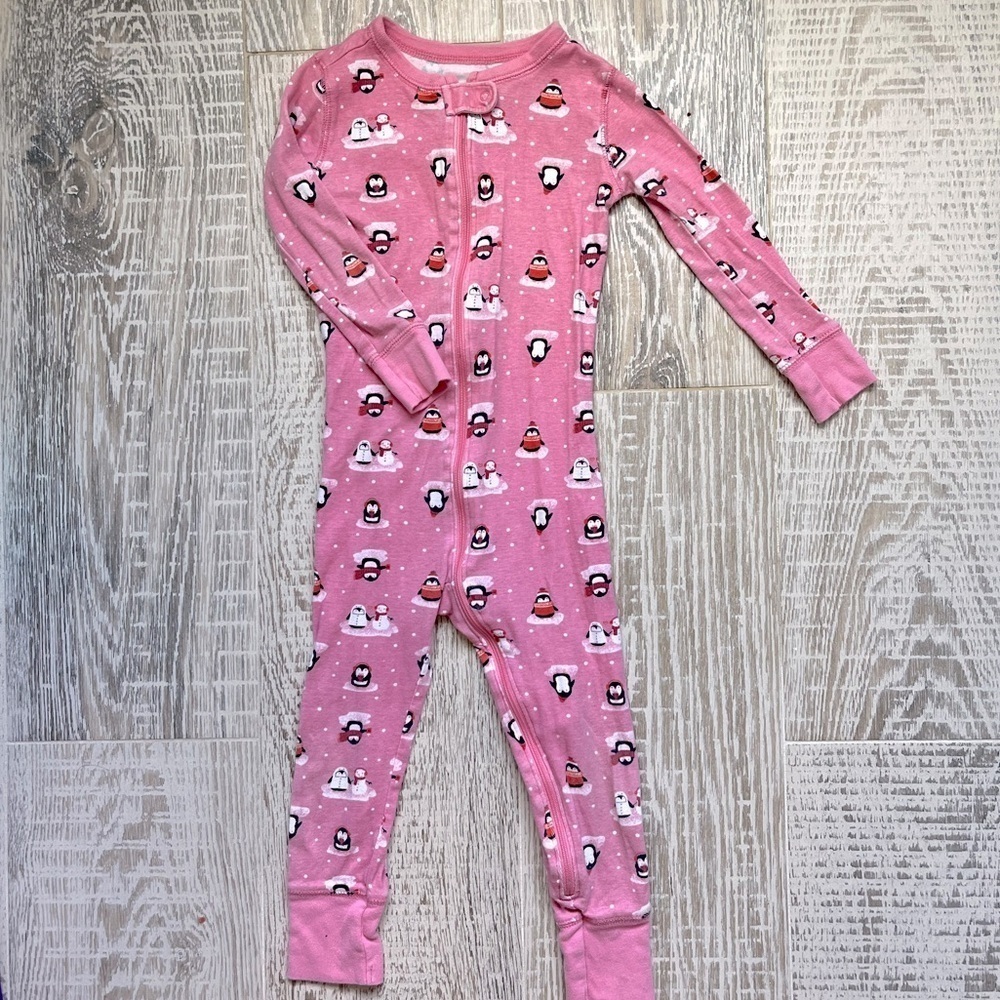 Old Navy Pink Penguin Zip Up Pajamas Footless Size 3T Girls